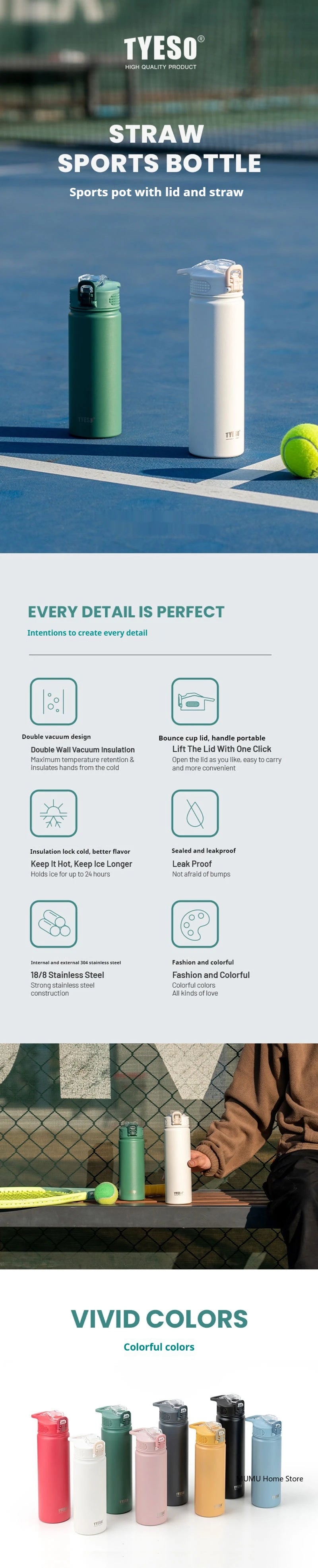 TYESO 600/750ML Thermos Bottle With Straw Stainless Steel Car Thermal Cup Sports Water Bottles Keeps Cold and Heat Thermal Mug